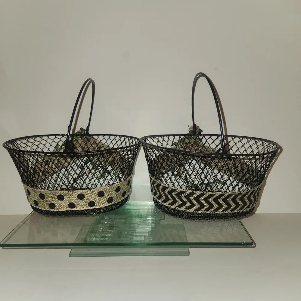 Set of 2 Wire Handled Baskets 9x8.5x5 Hand Decorated Burlap